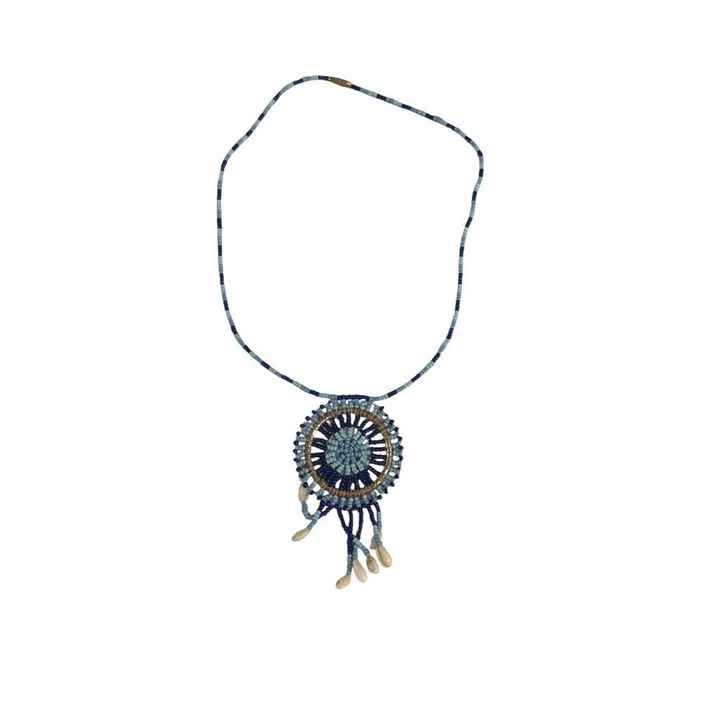 Navajo Dream Catcher Blue Beaded Necklace with shells 19 inches western - Picture 2 of 5